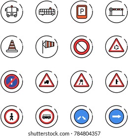 line vector icon set - airport bus vector, parking sign, barrier, road cone, side wind, prohibition, round motion, no parkin odd, tractor way, slippery, intersection, pedestrian, detour, only right