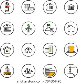 line vector icon set - airport tower vector, hospital building, bank, account, home, doors, hotel, lighthouse