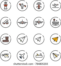line vector icon set - airport tower vector, traffic controller, plane radar, departure, trap truck, boarding passengers, building, paper, fly, helicopter, jointer