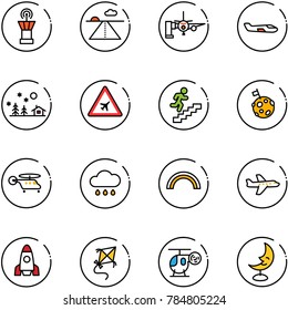 line vector icon set - airport tower vector, runway, boarding passengers, small plane, christmas landscape, road sign, career, moon flag, helicopter, rain cloud, rainbow, rocket, kite, toy, lamp