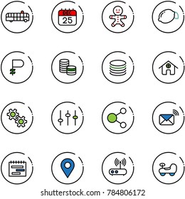 line vector icon set - airport bus vector, 25 dec calendar, cake man, lemon, ruble, coin, home, gear, settings, share, wireless mail, terms plan, navigation pin, wi fi router, baby car