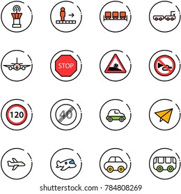 line vector icon set - airport tower vector, travolator, waiting area, baggage truck, plane, stop road sign, steep roadside, no horn, speed limit 120, end, car, paper fly, toy, bus