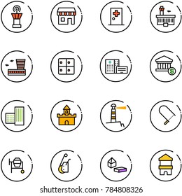 line vector icon set - airport tower vector, duty free, first aid room, building, baggage, hospital, account, sand fort, lighthouse, fretsaw, cocncrete mixer, winch, constructor blocks