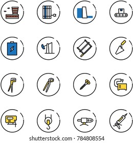 line vector icon set - airport building vector, sun panel, water power plant, conveyor, battery, oil derrick, bucksaw, trowel, plumber, screw, machine tool, jig saw, winch, pipe welding, gun sealant