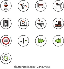 line vector icon set - airport tower vector, traffic controller, vip zone, passport control, metal detector gate, officer window, building, customs road sign, settings, fast forward, backward