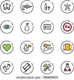 line vector icon set - airport bus vector, boarding passengers, wine, gymnastics, eye, pear, finance calendar, no truck overtake road sign, heart, win, key hand, doors, feet, bucksaw, wrench hammer