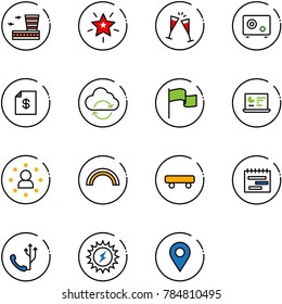 line vector icon set - airport building vector, christmas star, wine glasses, safe, account statement, refresh cloud, flag, statistics monitor, man, rainbow, skateboard, terms plan, phone, sun power