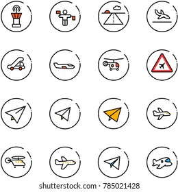 line vector icon set - airport tower vector, traffic controller, runway, arrival, trap truck, small plane, helicopter, road sign, paper, fly, toy