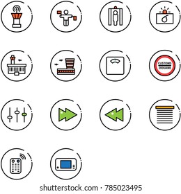 line vector icon set - airport tower vector, traffic controller, metal detector gate, terrorism, building, floor scales, customs road sign, settings, fast forward, backward, jalousie, remote control