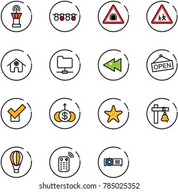 line vector icon set - airport tower vector, garland, tunnel road sign, children, home, network folder, fast backward, open, check, dollar growth, starfish, ship bell, air balloon, remote control