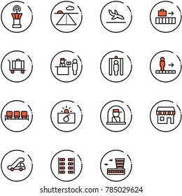 line vector icon set - airport tower vector, runway, arrival, baggage, passport control, metal detector gate, travolator, waiting area, terrorism, officer window, duty free, trap truck, plane seats