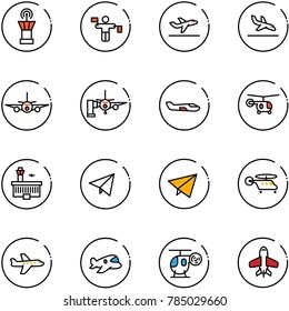 line vector icon set - airport tower vector, traffic controller, departure, arrival, plane, boarding passengers, small, helicopter, building, paper fly, toy