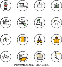 line vector icon set - airport tower vector, hospital building, bank, account, home, doors, sand fort, hotel, sea, lighthouse