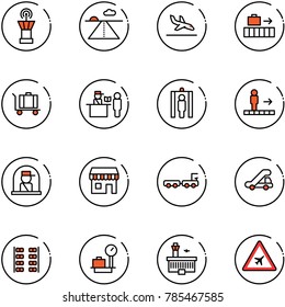 line vector icon set - airport tower vector, runway, arrival, baggage, passport control, metal detector gate, travolator, officer window, duty free, truck, trap, plane seats, scales, building