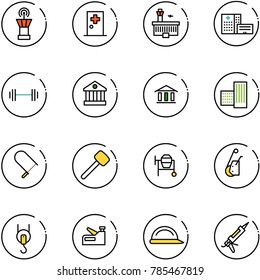 line vector icon set - airport tower vector, first aid room, building, hospital, barbell, bank, fretsaw, rubber hammer, cocncrete mixer, winch, stapler, construction helmet, gun sealant