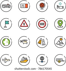 line vector icon set - airport bus vector, ticket, globe, hospital bed, flag, intersection road sign, customs, map pin, helicopter, flippers, pyramid, plane, cruiser, trailer
