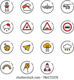 line vector icon set - airport tower vector, clouds, plane, helicopter, snowfall, abrupt turn right road sign, artificial unevenness, no bus, moon flag, paper fly, cloud ladder, rain, rainbow, kite