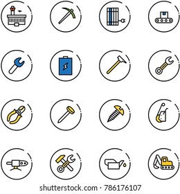 line vector icon set - airport building vector, job, sun panel, conveyor, wrench, battery, mason hammer, side cutters, nail, screw, winch, pipe welding, oiler, excavator toy
