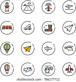 line vector icon set - airport tower vector, runway, plane radar, departure, waiting area, trap truck, building, paper, air balloon, fly, helicopter, toy