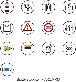 line vector icon set - airport tower vector, traffic controller, metal detector gate, terrorism, floor scales, light road sign, customs, settings, fast forward, jalousie, remote control, eye scanner