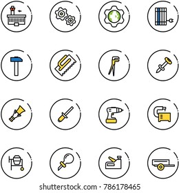 line vector icon set - airport building vector, gears, gear globe, sun panel, hammer, trowel, plumber, nail dowel, clinch, drill, machine tool, cocncrete mixer, oiler, stapler, trailer