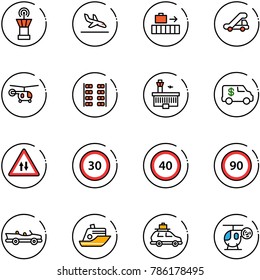 line vector icon set - airport tower vector, arrival, baggage, trap truck, helicopter, plane seats, building, encashment car, oncoming traffic road sign, speed limit 30, 40, 90, cabrio, cruiser, toy