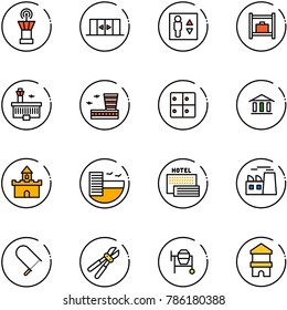 line vector icon set - airport tower vector, automatic doors, elevator, baggage room, building, bank, sand fort, hotel, sea, plant, fretsaw, bolt cutter, cocncrete mixer, toy block house