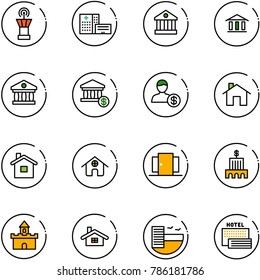 line vector icon set - airport tower vector, hospital building, bank, account, home, doors, sand fort, hotel, sea