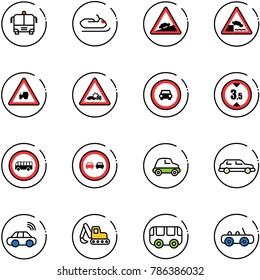 line vector icon set - airport bus vector, snowmobile, climb road sign, embankment, tractor way, car crash, no, limited height, overtake, limousine, wireless, excavator toy
