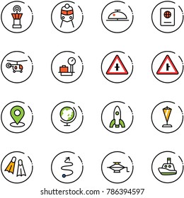 line vector icon set - airport tower vector, train, client bell, passport, helicopter, baggage scales, intersection road sign, map pin, globe, rocket, pennant, flippers, trip, jack, toy boat