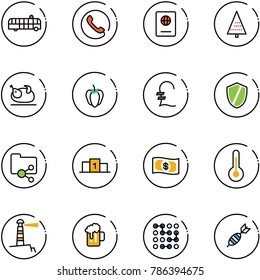 line vector icon set - airport bus vector, phone, passport, christmas tree, turkey, sweet pepper, pound, shield, shared folder, pedestal, money, thermometer, lighthouse, beer, circuit, dart