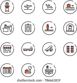 line vector icon set - airport tower vector, departure, arrival, baggage, passport control, metal detector gate, travolator, officer window, duty free, truck, trap, plane seats, schedule, scales