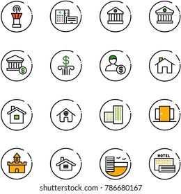 line vector icon set - airport tower vector, hospital building, bank, account, home, doors, sand fort, hotel, sea