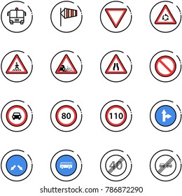 line vector icon set - airport bus vector, side wind, giving way road sign, round motion, pedestrian, gravel, narrows, prohibition, no car, speed limit 80, 110, only forward right, detour, end