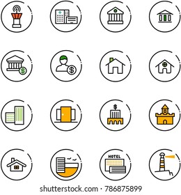 line vector icon set - airport tower vector, hospital building, bank, account, home, doors, sand fort, hotel, sea, lighthouse