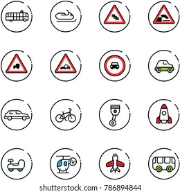 line vector icon set - airport bus vector, snowmobile, multi lane traffic road sign, embankment, tractor way, car crash, no, limousine, bike, piston, rocket, baby, helicopter toy, plane