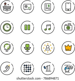 line vector icon set - airport building vector, safe, account statement, phone, time, pause, music, camera, globe, office chair, star man, crown, flying, circuit, oil derrick, helicopter toy