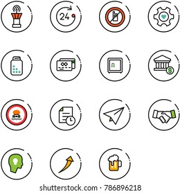 line vector icon set - airport tower vector, 24 hours, no mobile sign, heart gear, pills bottle, credit card, safe, account, dangerous cargo road, history, paper plane, agreement, head bulb, growth