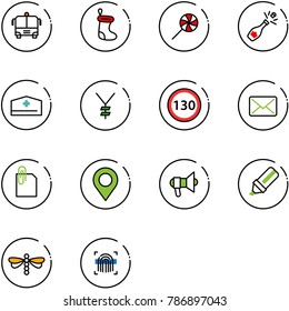 line vector icon set - airport bus vector, christmas sock, lollipop, champagne, doctor hat, yen, speed limit 130 road sign, mail, attachment, map pin, megaphone, highlight marker, dragonfly