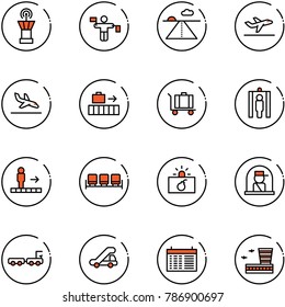 line vector icon set - airport tower vector, traffic controller, runway, departure, arrival, baggage, metal detector gate, travolator, waiting area, terrorism, officer window, truck, trap, schedule