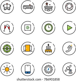 line vector icon set - airport bus vector, building, christmas wreath, wine glasses, safe, time, play, target, doors, bank, flying man, sun, mobile phone, power, satellite
