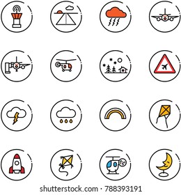 line vector icon set - airport tower vector, runway, storm, plane, boarding passengers, helicopter, christmas landscape, road sign, rain cloud, rainbow, kite, rocket, toy, moon lamp