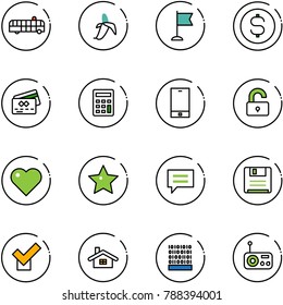 line vector icon set - airport bus vector, banana, flag, dollar coin, credit card, calculator, phone, unlocked, heart, star, chat, save, check, home, binary code, radio