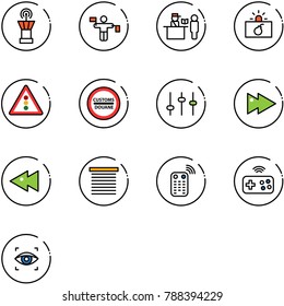 line vector icon set - airport tower vector, traffic controller, passport control, terrorism, light road sign, customs, settings, fast forward, backward, jalousie, remote, joystick wireless
