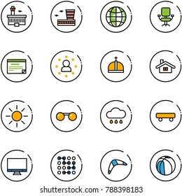 line vector icon set - airport building vector, globe, office chair, schedule, star man, crown, home, sun, sunglasses, rain cloud, skateboard, monitor, circuit, boomerang, basketball