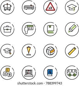 line vector icon set - airport bus vector, children road sign, graduate hat, portfolio, presentation, book, highlight marker, pennant, volleyball, ruler, abc cube, abacus, toy