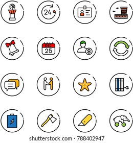 line vector icon set - airport tower vector, 24 hours, identity, building, bell, 25 dec calendar, account, refresh, dialog, agreement, starfish, sun panel, battery, axe, work knife, elephant wheel