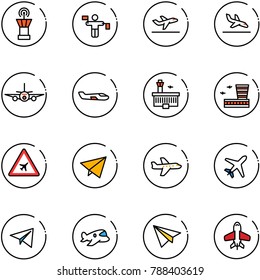 line vector icon set - airport tower vector, traffic controller, departure, arrival, plane, small, building, road sign, paper fly, toy