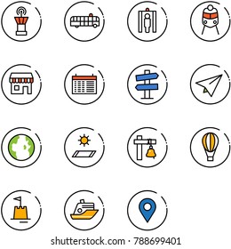 line vector icon set - airport tower vector, bus, metal detector gate, train, duty free, schedule, road signpost sign, paper plane, globe, mat, ship bell, air balloon, sand castle, cruiser