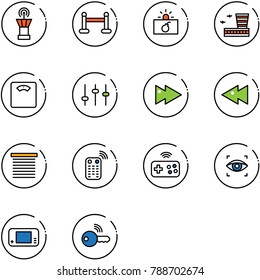 line vector icon set - airport tower vector, vip zone, terrorism, building, floor scales, settings, fast forward, backward, jalousie, remote control, joystick wireless, eye scanner, game console